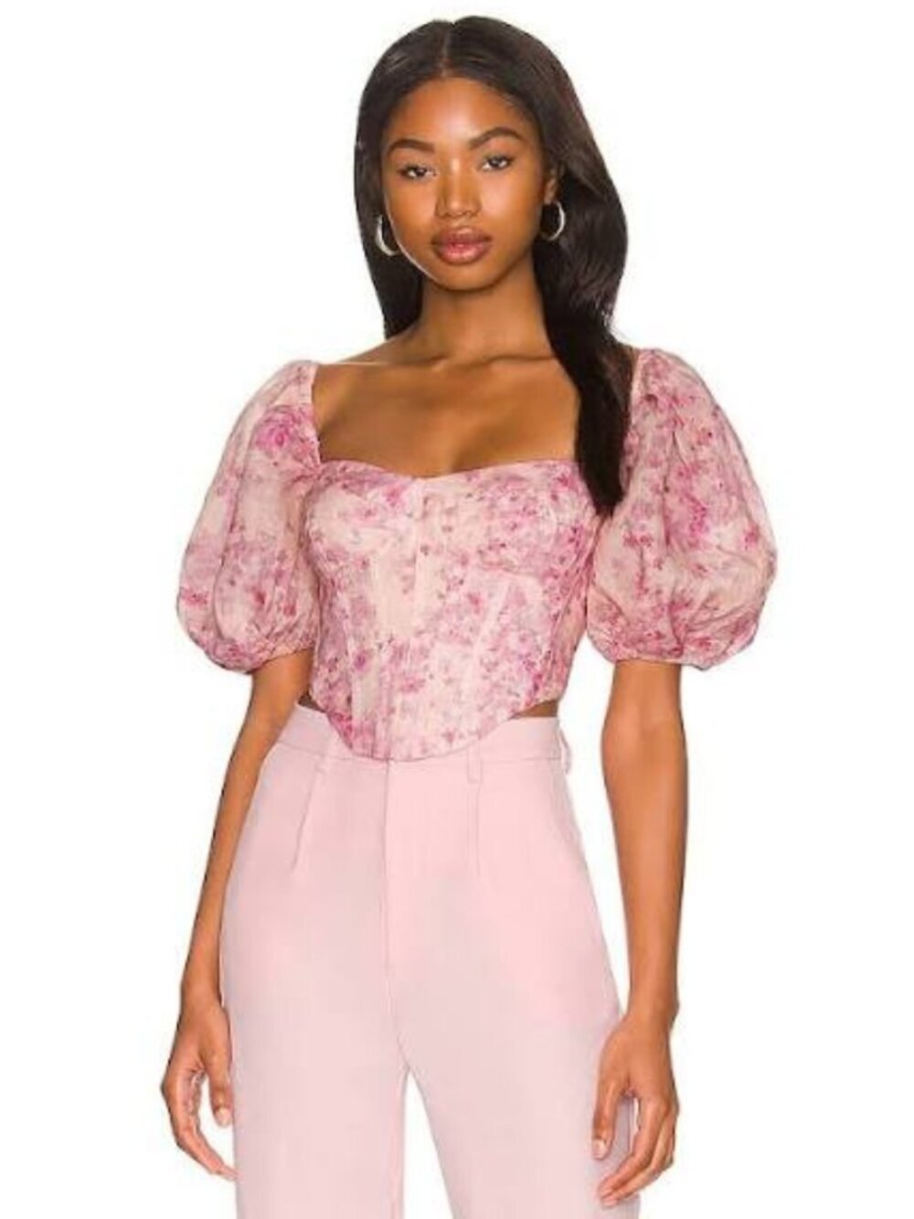 Bardot pink floral corset bustier top puff sleeve off the shoulder crop milkmaid